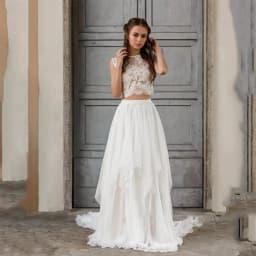 Sexy Two Piece Lace Wedding Dress Boho Beach Bridal Gowns Sleeveless Crop Top Chiffon Skirt Floor Length Backless Robe De Noiva
