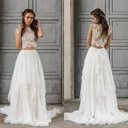 Sexy Two Piece Lace Wedding Dress Boho Beach Bridal Gowns Sleeveless Crop Top Chiffon Skirt Floor Length Backless Robe De Noiva