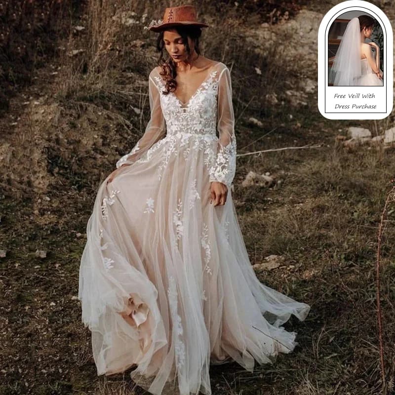 Eightree Vintage Boho Wedding Dresses Long Sleeve Lace Long Bride Dress Beach Wedding Gowns V Neck Sukienka Na Wesele Customized