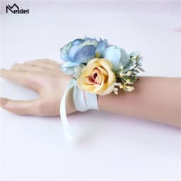 Meldel Corsage Groom Boutonniere Pin Bridal Wrist Corsage Champagne Blue Bridesmaid Bracelet Men Prom Wedding Flower Accessories