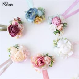 Meldel Corsage Groom Boutonniere Pin Bridal Wrist Corsage Champagne Blue Bridesmaid Bracelet Men Prom Wedding Flower Accessories