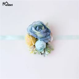 Meldel Corsage Groom Boutonniere Pin Bridal Wrist Corsage Champagne Blue Bridesmaid Bracelet Men Prom Wedding Flower Accessories