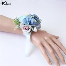 Meldel Corsage Groom Boutonniere Pin Bridal Wrist Corsage Champagne Blue Bridesmaid Bracelet Men Prom Wedding Flower Accessories
