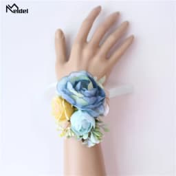 Meldel Corsage Groom Boutonniere Pin Bridal Wrist Corsage Champagne Blue Bridesmaid Bracelet Men Prom Wedding Flower Accessories