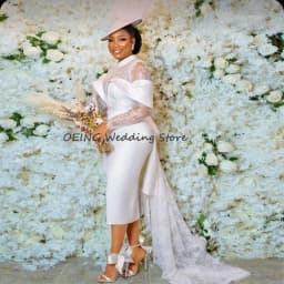 Customized Modern Wedding Dress Sheath High Collar Lace Long Sleeves Short Wedding Gown Lace Up Tea Length Elegant Bridal Dress