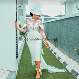 Customized Modern Wedding Dress Sheath High Collar Lace Long Sleeves Short Wedding Gown Lace Up Tea Length Elegant Bridal Dress