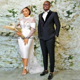 Customized Modern Wedding Dress Sheath High Collar Lace Long Sleeves Short Wedding Gown Lace Up Tea Length Elegant Bridal Dress