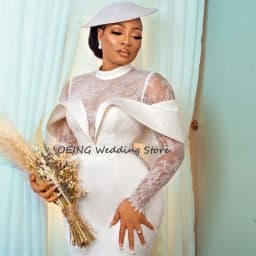 Customized Modern Wedding Dress Sheath High Collar Lace Long Sleeves Short Wedding Gown Lace Up Tea Length Elegant Bridal Dress