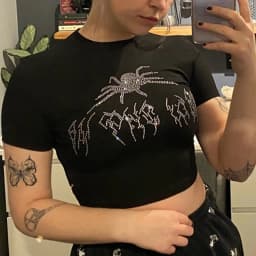 Y2k Sexy Punk Vintage Goth Black T Shirt Summer Clothes For Women Fashion Rhinestone Crop Top O-neck Short Sleeve Tee Streetwear