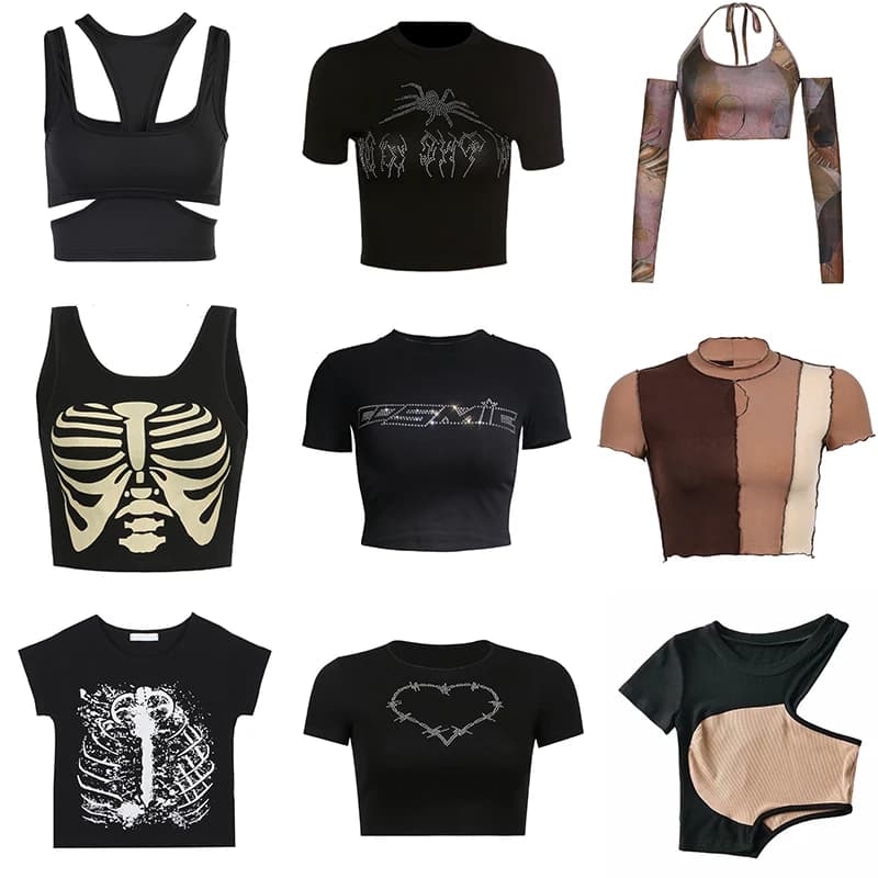 Y2k Sexy Punk Vintage Goth Black T Shirt Summer Clothes For Women Fashion Rhinestone Crop Top O-neck Short Sleeve Tee Streetwear