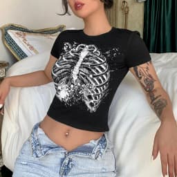 Y2k Sexy Punk Vintage Goth Black T Shirt Summer Clothes For Women Fashion Rhinestone Crop Top O-neck Short Sleeve Tee Streetwear