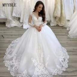 Customized Plus Size Wedding Dresses V Neck Long Sleeves Tulle Lace Applique Wedding Dresses Lace Up Back Vestido De Noiva