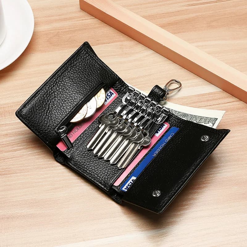 Unisex Genuine Leather Key Holder Wallet - Car/House Key Organizer with Card Slots, Compact Keychain Bag (Gift Ready
