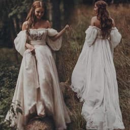 Boho Wedding Dress Off Shoulder Puff Long Sleeve A Line Train Bridal Gown Vintage Forest Elopement Wedding Long Bride Dress 2026