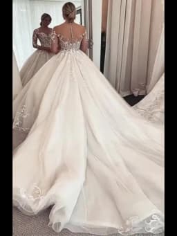 Long Sleeve Illusion Neck Wedding Dress Lace Applique Beaded A Line Bridal Gown Sheer Back Button Cathedral Train Custom Dresses