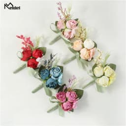 Meldel Wrist Corsage Wedding Men Boutonniere Girl Bracelet Groom Pins Bridesmaid Wrist Corsage Flower Silk Red Rose Boutonniere