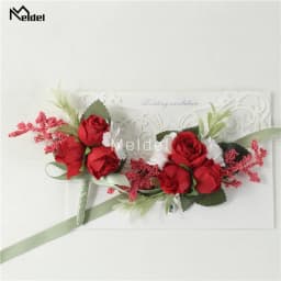 Meldel Wrist Corsage Wedding Men Boutonniere Girl Bracelet Groom Pins Bridesmaid Wrist Corsage Flower Silk Red Rose Boutonniere