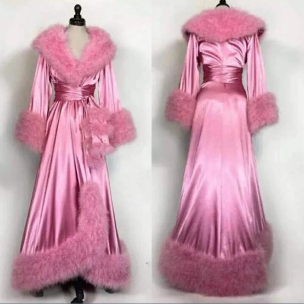 New Women's Evening Dresses Fur Robes Bathrobe Long Silk Fur Dresses Photo Shoot Birthday Party Bridal Fluffy Party Sleepwear