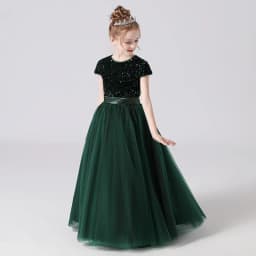 Sequin Half Sleeve Girl Maxi Tulle Princess Dress Large Back Bow Kid Formal Gown Wedding Piano Recital Birthday Pageant Costume