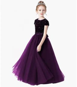 Sequin Half Sleeve Girl Maxi Tulle Princess Dress Large Back Bow Kid Formal Gown Wedding Piano Recital Birthday Pageant Costume