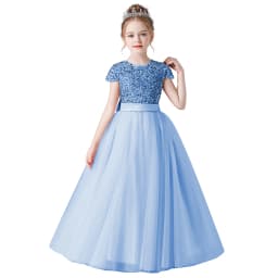 Sequin Half Sleeve Girl Maxi Tulle Princess Dress Large Back Bow Kid Formal Gown Wedding Piano Recital Birthday Pageant Costume
