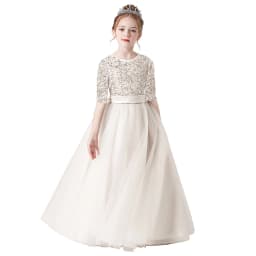 Sequin Half Sleeve Girl Maxi Tulle Princess Dress Large Back Bow Kid Formal Gown Wedding Piano Recital Birthday Pageant Costume