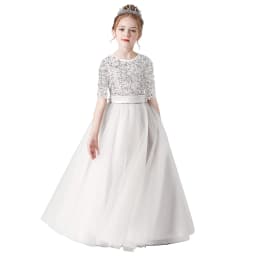 Sequin Half Sleeve Girl Maxi Tulle Princess Dress Large Back Bow Kid Formal Gown Wedding Piano Recital Birthday Pageant Costume