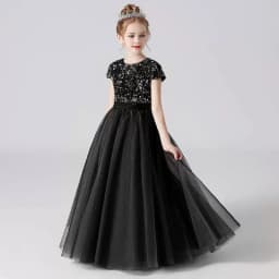 Sequin Half Sleeve Girl Maxi Tulle Princess Dress Large Back Bow Kid Formal Gown Wedding Piano Recital Birthday Pageant Costume