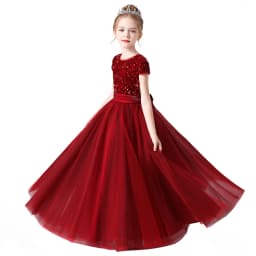 Sequin Half Sleeve Girl Maxi Tulle Princess Dress Large Back Bow Kid Formal Gown Wedding Piano Recital Birthday Pageant Costume