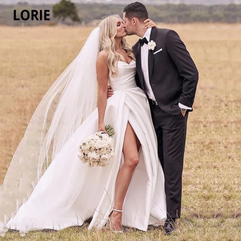 LORIE Satin Wedding Dresses Strapless A-Line Bridal Gown Princess Customzied Made High Split Wedding Gown vestido de noiva 2024