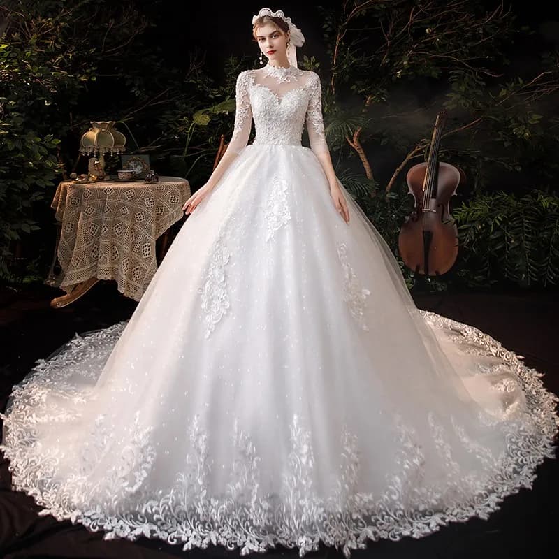 Vestido De Noiva Wedding Dress  Three Quarter Sleeve High Neck Luxury 1m Long Train Ball Gown Robe De Mariee Customized