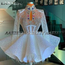 Customized Mini Party Cocktail Gowns Long Sleeves Feathers Lace Sequins Crystals Sparkly Ball Gown Luxury Short Prom Dresses