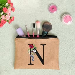 Floral Letter Print Women Linen Zipper Pouch Travel Organizer Case Mujer Bolsas Cosmetic Bag Makeup Bag Bridesmaid Makeup Bags