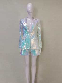 HIGH STREET Newest 2026 Stylish Designer Suit Set Women's Trim Single Button Sparkling Sequined Blazer Shorts Set