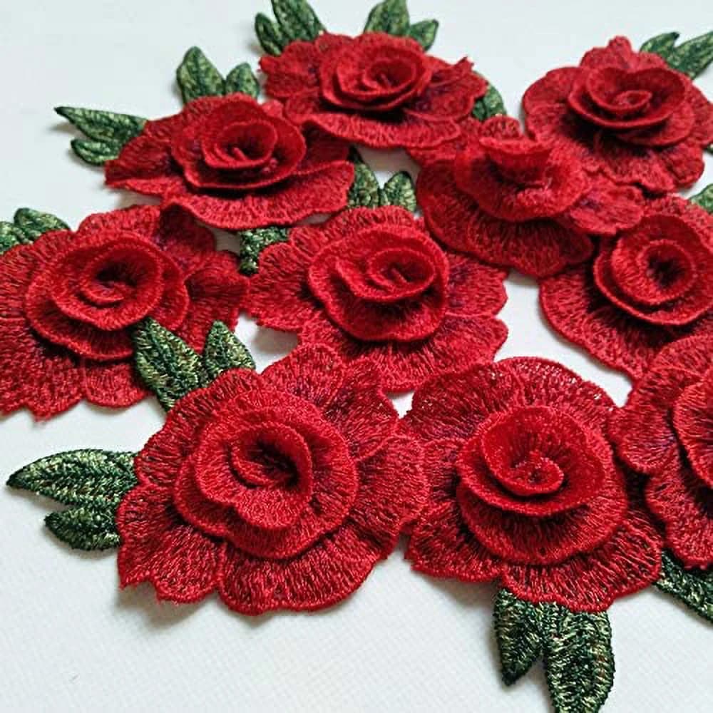 3Pcs Red Embroidery Flower Clothes Patches Fabric Wedding Christmas Bags Curtain Festival Decoration DIY Sewing Repair