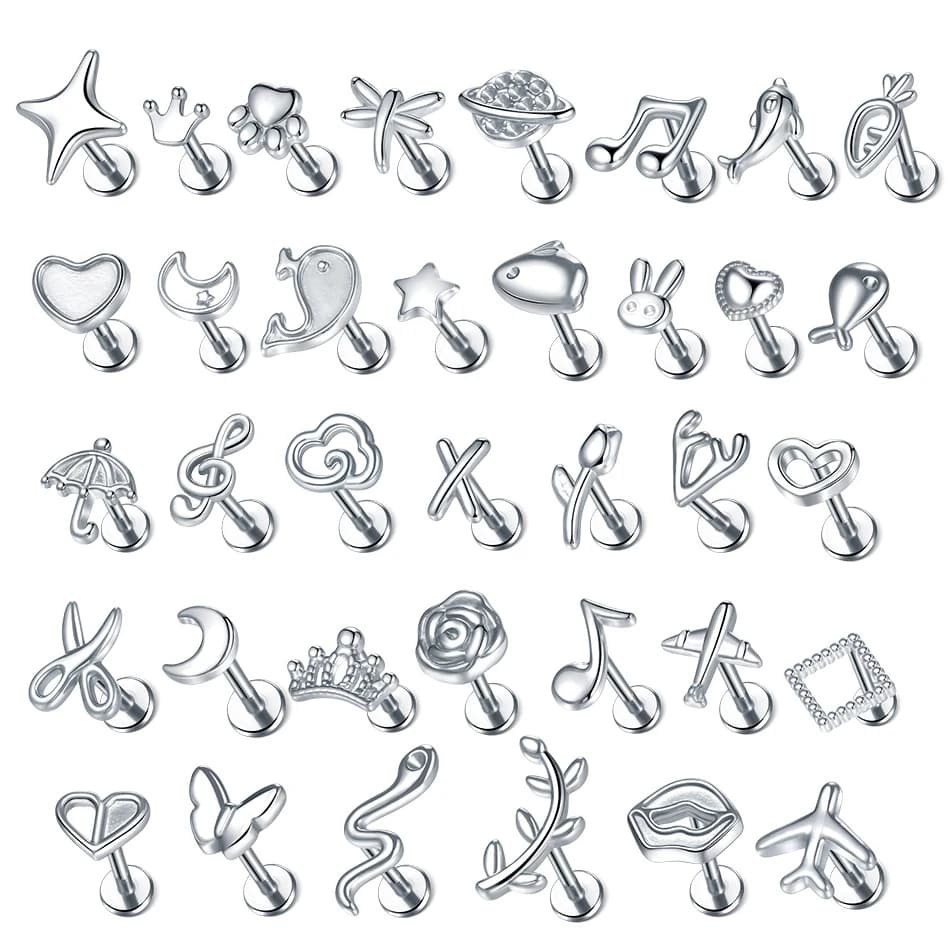 1PC Steel Moon Lighting Labret Bar Rings Crystal Flower Tragus Cartilage Piercing Rook Lobe Ear Helix Piercing Screw Fit Top 16g