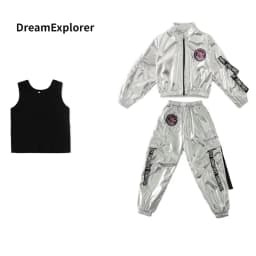Hip Hop Boys Silver Jacket Girls Jazz Jogger Pants Street Dance Mini Skirt Clothes Sets Kids Sequin Costumes Child Streetwear