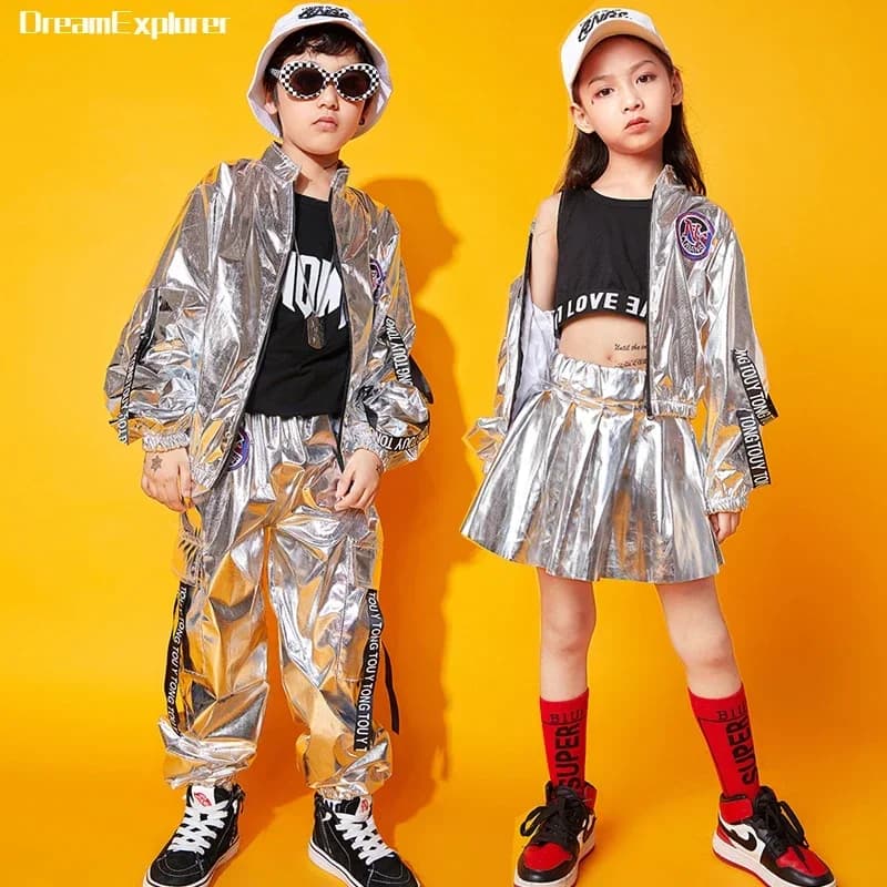 Hip Hop Boys Silver Jacket Girls Jazz Jogger Pants Street Dance Mini Skirt Clothes Sets Kids Sequin Costumes Child Streetwear