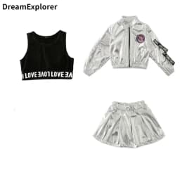 Hip Hop Boys Silver Jacket Girls Jazz Jogger Pants Street Dance Mini Skirt Clothes Sets Kids Sequin Costumes Child Streetwear