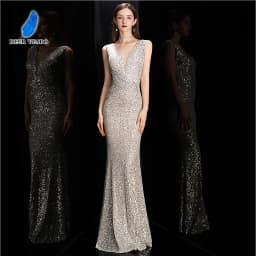 DEERVEADO Elegant V Neck Sequin Evening Dress Long Women's Mermaid Formal Dress Party Gown Bodycon Maxi Prom Dress