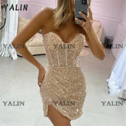 Customized Glitter Beads Cocktail Dresses Sequin Mini Length Party Gowns Sexy Strapless Short Prom Dress Vestidos De Fiesta