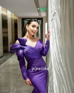 Customized Purple Evening Gown Bridal Pleated Bow Off Shoulder Long Sleeves Elegant Cocktail Dress Formal Prom Dresses for Women