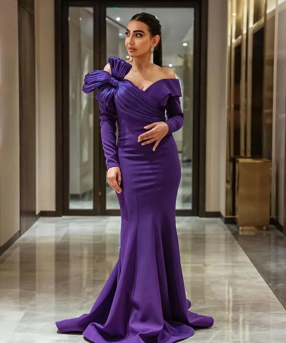 Customized Purple Evening Gown Bridal Pleated Bow Off Shoulder Long Sleeves Elegant Cocktail Dress Formal Prom Dresses for Women