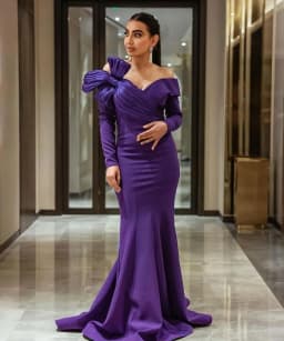 Customized Purple Evening Gown Bridal Pleated Bow Off Shoulder Long Sleeves Elegant Cocktail Dress Formal Prom Dresses for Women