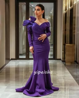 Customized Purple Evening Gown Bridal Pleated Bow Off Shoulder Long Sleeves Elegant Cocktail Dress Formal Prom Dresses for Women