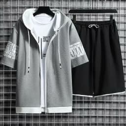 Summer Thin Men's Sports Suit 2-piece Set Casual Hooded Quick Dry Running Exercise Clothes Short Sleeve Shorts
