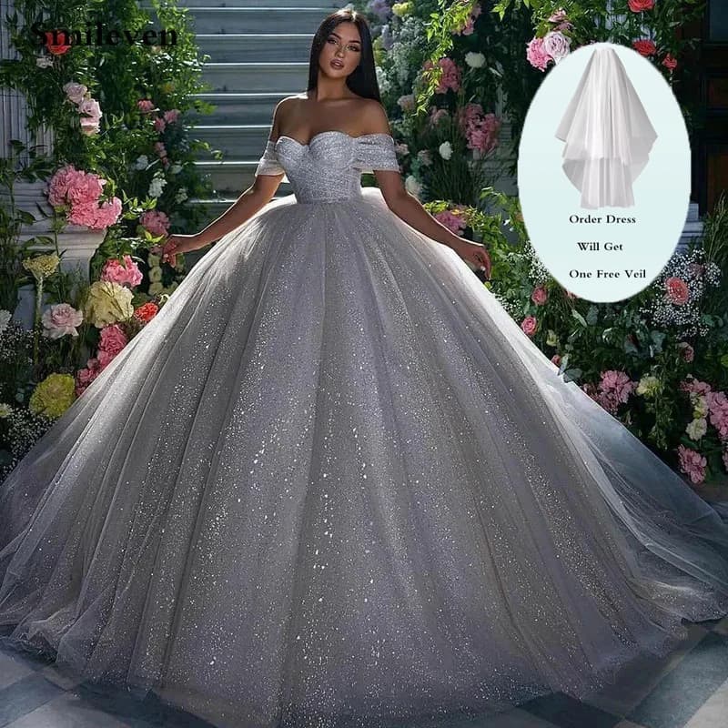 Smileven Princess Wedding Dress Ball Gowns Glitter Tulle Sweetheart Bride Dresses Robe De Mariee Off The Shoulder Wedding Gowns