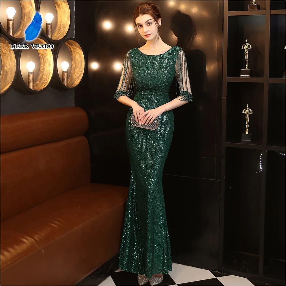 DEERVEADO Mermaid Evening Dress Beaded Long Formal Dress Women's Bodycon Maxi Dress Evening Party Gown