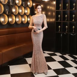 DEERVEADO Mermaid Evening Dress Beaded Long Formal Dress Women's Bodycon Maxi Dress Evening Party Gown