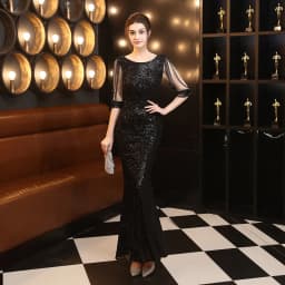 DEERVEADO Mermaid Evening Dress Beaded Long Formal Dress Women's Bodycon Maxi Dress Evening Party Gown